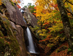 Autumn waterfall cascading over rocky cliffs, surrounded by colorful foliage