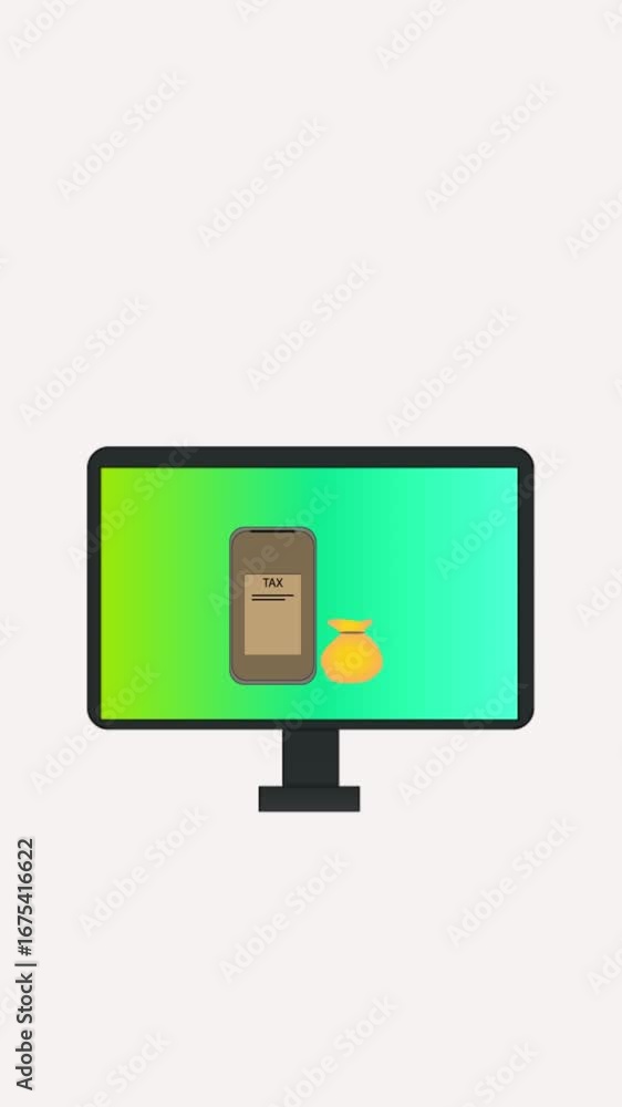 Poster computer monitor animation showing tax calculations and finance tools vertical video. animated illus