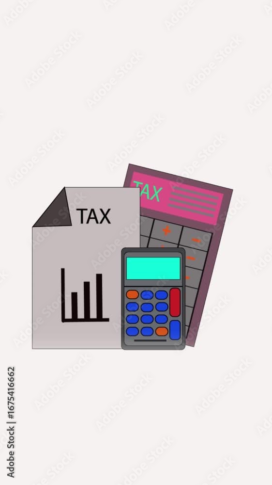 Poster animated calculator and tax form showing financial data vertical video. calculating taxes and financ
