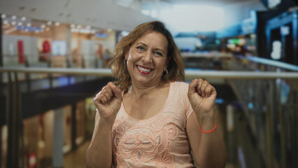 Woman making claw hands gesture with raised fingers in a bright indoor shopping mall with colorful storefronts; playful.