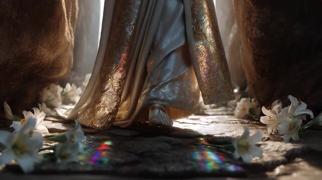 man, Jesus, Christ, Messiah, Savior, resurrected, in golden robe ornate garment, takes gentle step sacred foot touching stone, lilies scattered, light breaking into colors robe flowing divine grace.