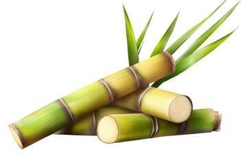 Freshly harvested sugarcane stalks with green leaves isolated on a transparent background showcasing their natural texture and color