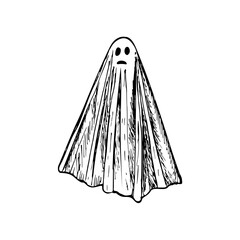 Ghost sketch outline illustration. Halloween symbol, scary ghost spirit doodle drawing in engraving style. Hand-drawn vector line art clipart isolated on a white background