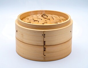 Traditional Bamboo Steamer Basket with Food Inside.