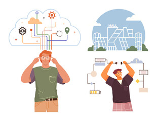 Man covering ears against noise, man brainstorming with flowchart, building with cloud connections. Ideal for innovation, productivity, self-improvement, urban life, modern technology, personal