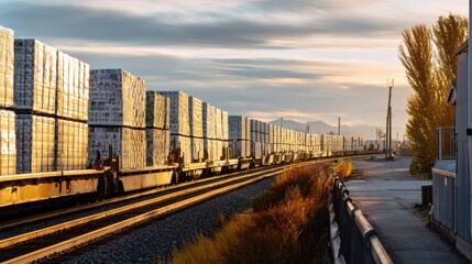 Fototapeta premium Freight train transports recycling containers through an industrial landscape at golden hour illuminating metal textures