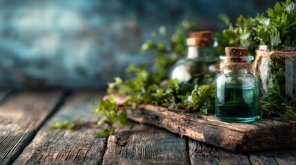 A serene arrangement of glass bottles filled with herbal extracts, accompanied by fresh green leaves, beautifully displayed on a rustic wooden surface, symbolizing nature.