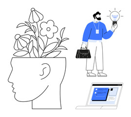 Human head sprouting flowers symbolizes creativity. Businessman holds lit bulb as idea. Laptop signifies digital innovation. Ideal for creativity, growth, innovation, technology, inspiration