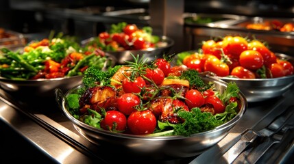 A vibrant salad platter brimming with fresh vegetables, including tomatoes and greens, showcasing a healthy and visually appealing option for any dining experience.