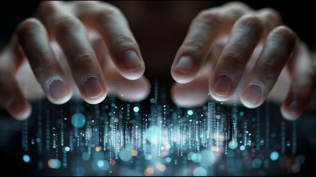Close-up of hands programming a quantum AI interface, holographic data floating in air
