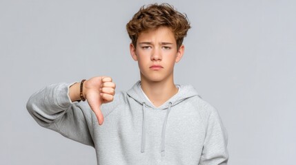 Teen boy giving thumbs down with disappointed face negative feedback isolated 
