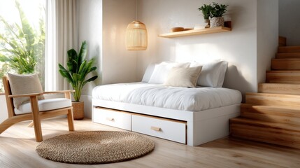 Obraz premium A charming and minimalist bedroom showcases a cozy daybed, lush plants, and warm wooden accents, creating a serene and inviting atmosphere perfect for relaxation.