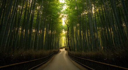 Naklejka premium Serene Bamboo Forest Pathway – Peaceful Natural Landscape with Sunlight Filtering Through Trees