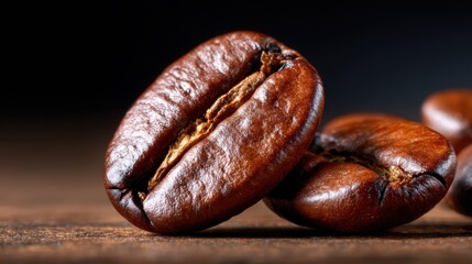 Rich, dark roasted coffee beans are beautifully arranged on a wooden surface, highlighting their natural sheen and aroma, inviting coffee lovers to savor their robust flavor.