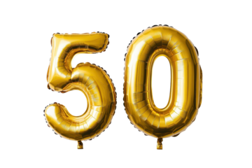 Golden number balloon representing fifty in metallic finish against a plain background for celebration decor