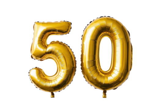Golden number balloon representing fifty in metallic finish against a plain background for celebration decor