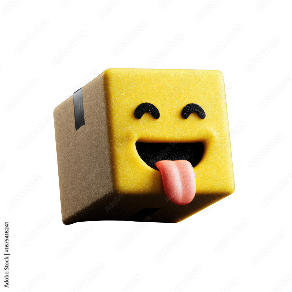 Poster a playful 3d rendering of a cardboard box with a happy, tongue-out emoticon face. background removed