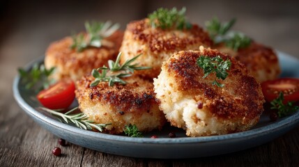 This mouth-watering image features beautifully crispy potato cakes garnished with fresh herbs, served on a plate alongside vibrant cherry tomatoes, emphasizing culinary delight.