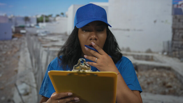 Woman with blue cap holds clipboard and pen on construction site reviewing checklist; focus and productivity.