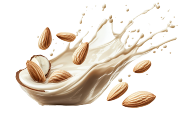 Flying almonds create a dynamic splash in a creamy texture showcasing a delightful blend of nature and food artistry capturing a moment of fun and elegance