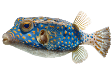 A vibrant blue and orange spotted pufferfish, isolated on a transparent background, showcasing intricate details. background removed