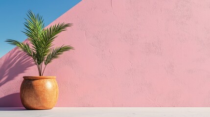 Obraz premium Potted Green Plant Against Textured Pink Wall Under Clear Blue Sky Creating Minimalist Vibe