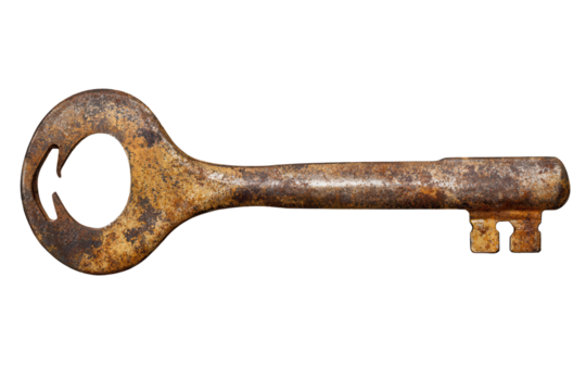 Rusty wrench key isolated on a transparent background showcasing its aged details and worn features in low resolution