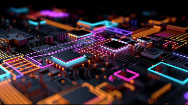 Visualization of quantum AI solving complex optimization problems, glowing neon circuits