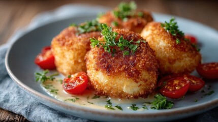 Golden brown, crispy potato cakes served with vibrant cherry tomatoes create an appetizing visual that embodies comfort food and culinary delight in a cozy setting.