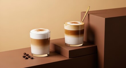 Two layered coffee drinks with foam and coffee beans on a brown background