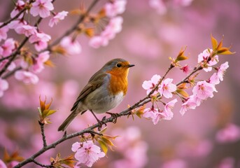Realistic Robin Perched Among Blossoming Cherry Tree Branches in Spring