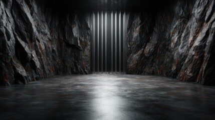 A mysterious dark room featuring textured rocky walls, illuminated by sleek vertical bars, evokes a sense of intrigue and confinement, inviting viewers to explore its depths.