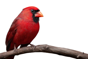 A vibrant male Northern Cardinal perched on a branch, isolated against a transparent background. background removed
