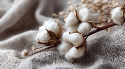 Raw cotton bolls resting on linen fabric, neutral backdrop, soft window light, minimalist styling