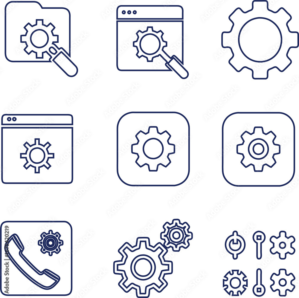 Poster outline vector illustration of a gear and cogwheel icon set designed for digital interfaces, tech su
