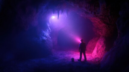 Fototapeta premium Explorer illuminated by vibrant light in a mysterious cave
