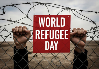 A persons hands gripping a barbed wire fence with a sign that reads world refugee day, symbolizing the plight and resilience of refugees worldwide
