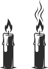 Silhouette of a burning candle with flowing wax, silhouette of a candle in black, two icons..