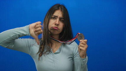 Young hispanic woman holds a bronze medal and makes a thumbs down gesture in a blue studio;...