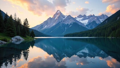 Majestic mountain range reflecting in a pristine alpine lake at sunrise, breathtaking scenery perfect for travel brochures and postcards A tranquil escape in nature's beauty , majestic, nature