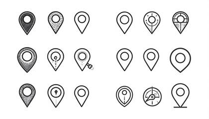 Variety of location pin icons for map and navigation usage, representing destinations