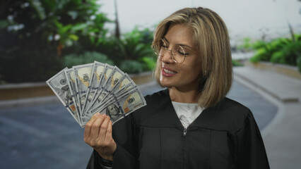 Smiling young blonde judge holding fanned hundred dollar bills on street beside building facade;...