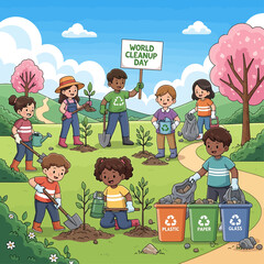 Cartoon-style design of children and adults planting trees and recycling together, celebrating World Cleanup Day