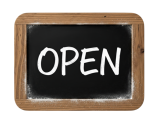 A chalkboard-style sign with rough wooden frame, handwritten white chalk letters spelling "OPEN", slight chalk dust visible on the surface, rustic and cozy, isolated on a transparent background.