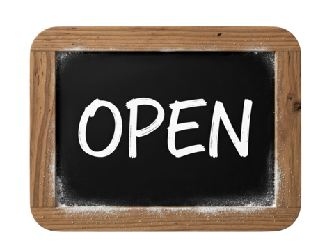 A chalkboard-style sign with rough wooden frame, handwritten white chalk letters spelling "OPEN", slight chalk dust visible on the surface, rustic and cozy, isolated on a transparent background.