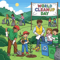 Cartoon-style design of children and adults planting trees and recycling together, celebrating World Cleanup Day