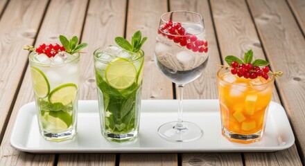 Fototapeta premium Four refreshing cocktails with mint, lime, and redcurrant on a wooden table