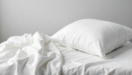Serene image of a fluffy white pillow, perfectly crisp white sheets, and a soft, plush blanket, suggesting peaceful slumber and rest on a clean, white background , background, relaxation, comforting