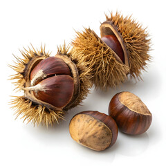 Single dried chestnut isolated on white background, highlighting its rich brown color, smooth texture,
