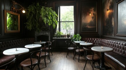 Obraz premium Cozy vintage café interior with marble tables and lush greenery
